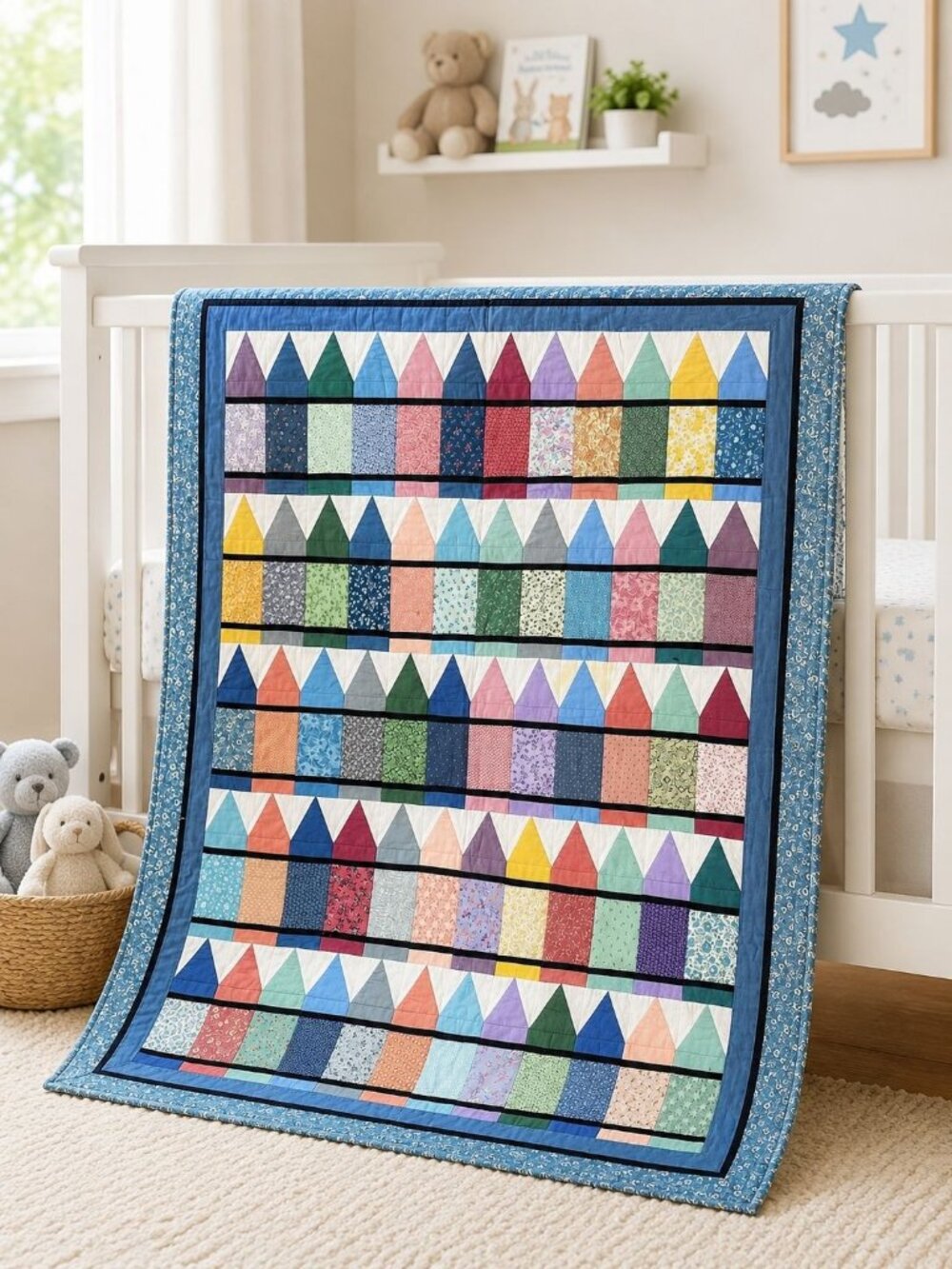 Handmade Patchwork Quilt Colorful Crayon Pencil Design Machine Pieced & Quilted